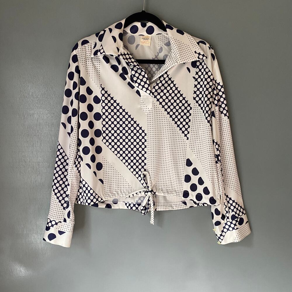 Vintage Women's 16 Blouse STYLE RITE Polka Dot Navy White Retro Secretary MCM